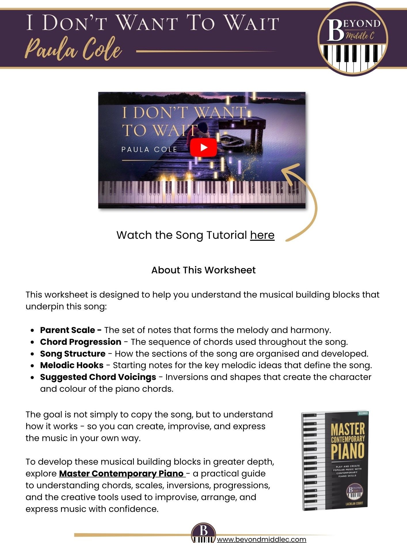 I Don't Want To Wait (Paula Cole) - BMC Song Tutorial Worksheet product image (1)