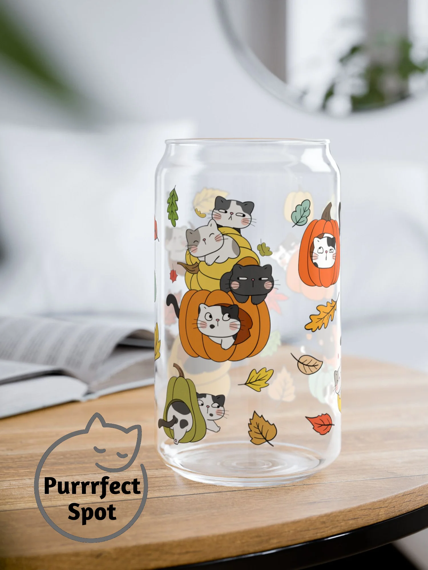 Fall Cats 16oz Glass Can Cup – Cute Autumn Pumpkin Cat Cup 🍂🐾🎃 product image (1)