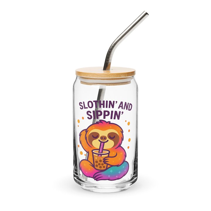 Slothin’ and Sippin’ – Funny Sloth Glass Cup with Lid & Straw | Sloths Having Snacks Collection product image (1)
