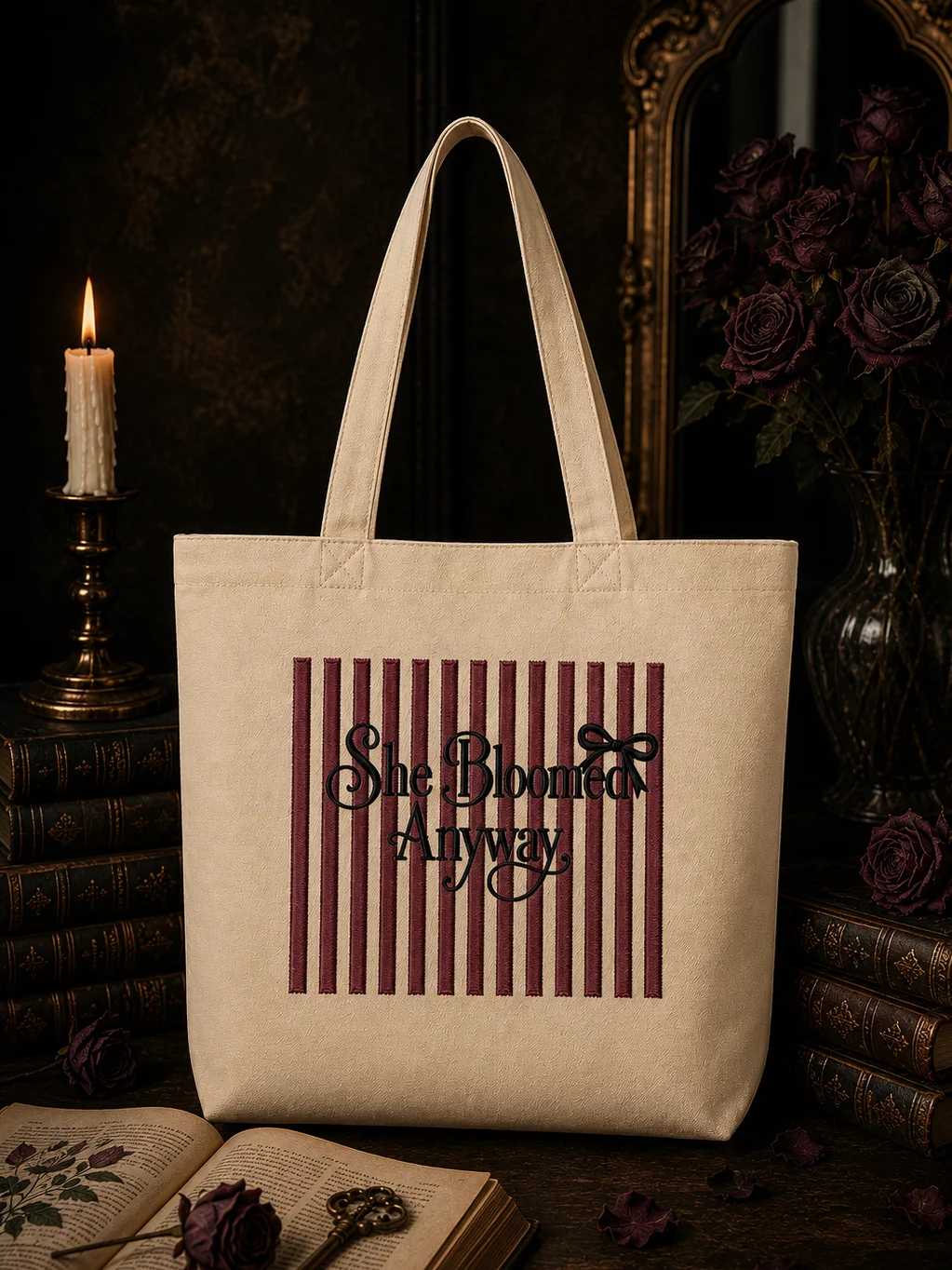 She Bloomed Anyway Tote Bag | Vintage Coquette Organic Cotton Canvas Bag product image (1)