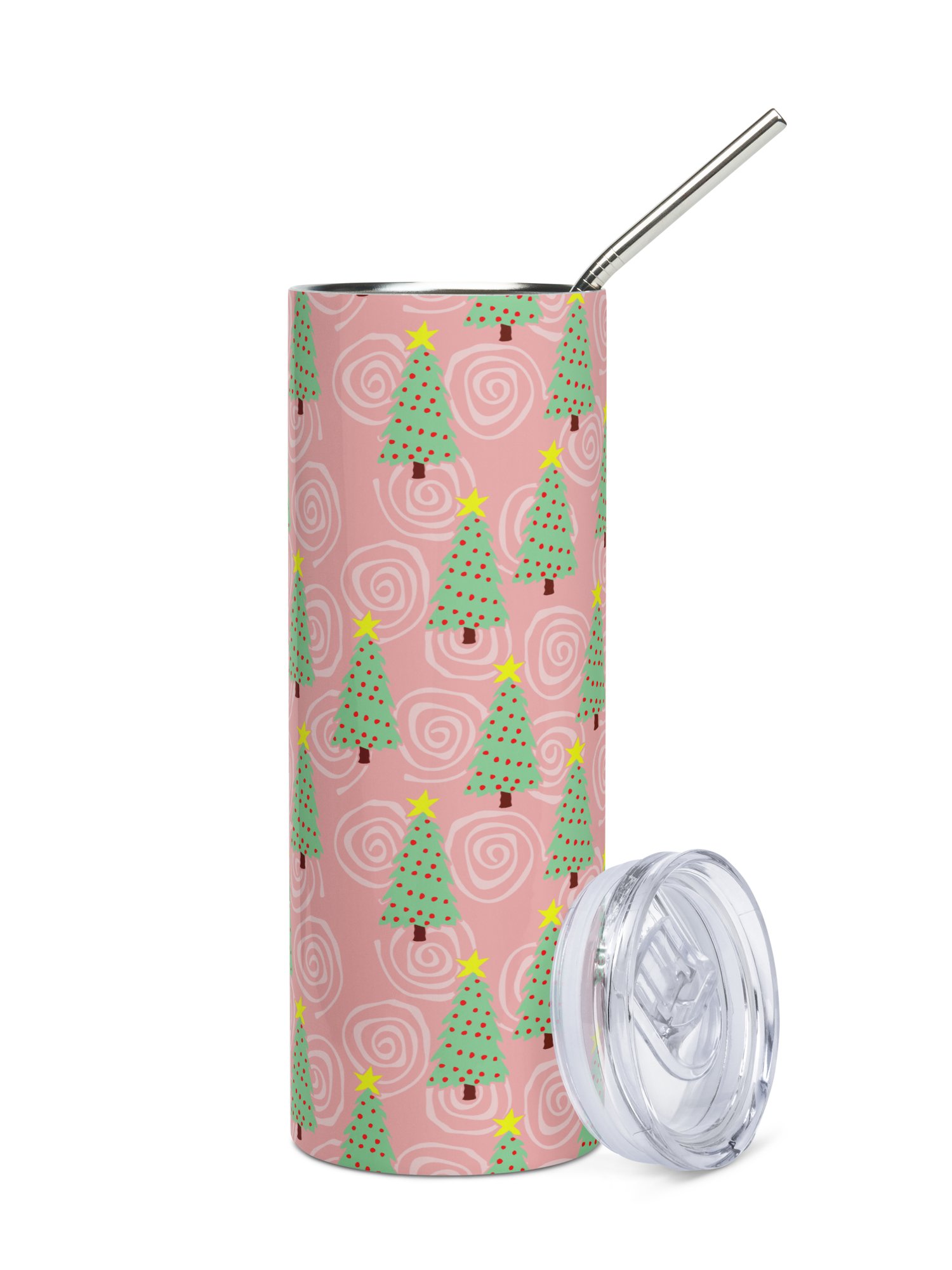 Green Christmas Trees on Pink Spirals Stainless Steel Tumbler with Straw product image (1)