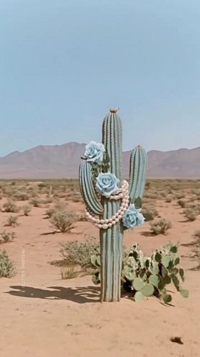 Somewhere in the pastel desert, the impossible becomes part of the journey. 🩵✨🦄

White unicorns, cactus, blue roses and pearl...