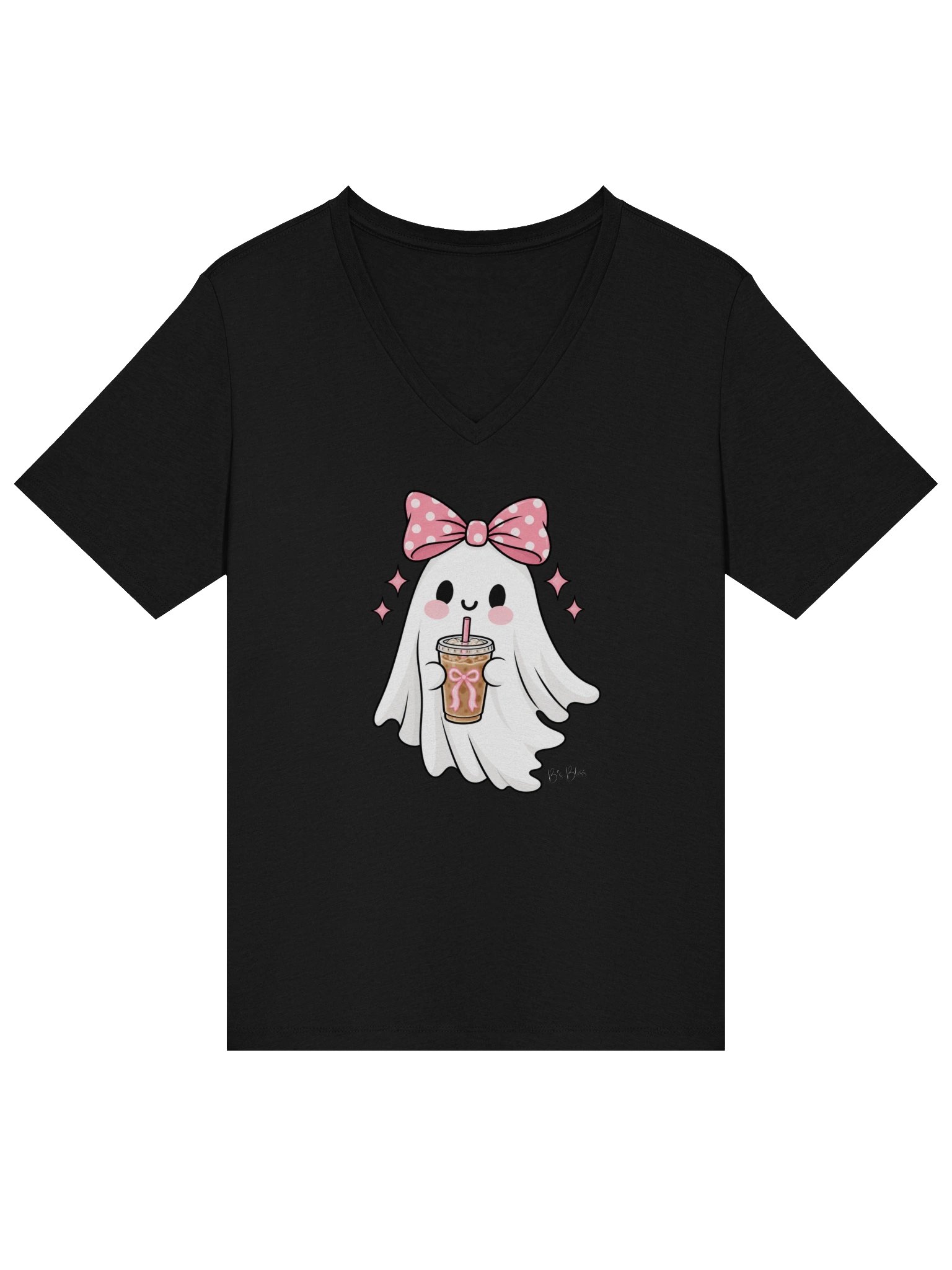Cute Ghost with Iced Coffee V-Neck Graphic T-Shirt product image (2)