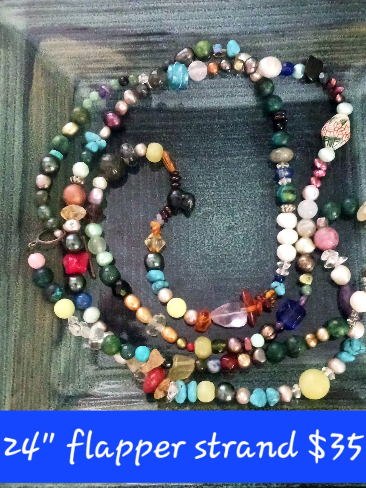Handmade flapper necklace, 24 inch pearl amethyst amber strand product image (2)