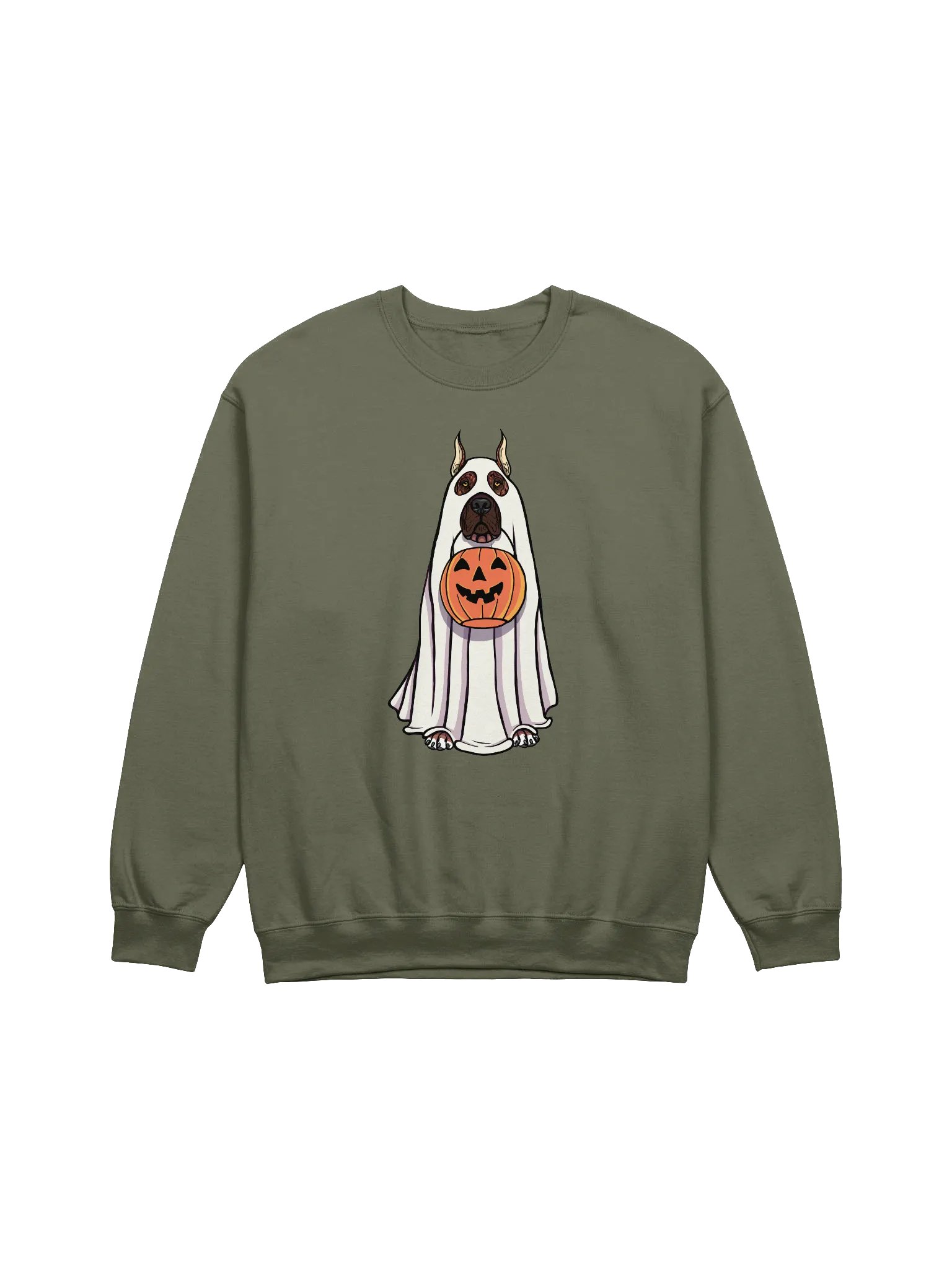 Funny Halloween Great Dane(Cropped Ears Brindle) Sweatshirt | Funny Great Dane Wearing a Ghost Costume and Holding a Pumpkin Basket product image (1)