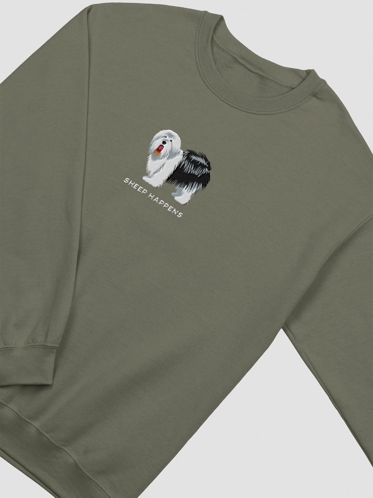 Sheep Happens Sweatshirt (Embroidered) of an Old English Sheepdog(Black & White) product image (6)