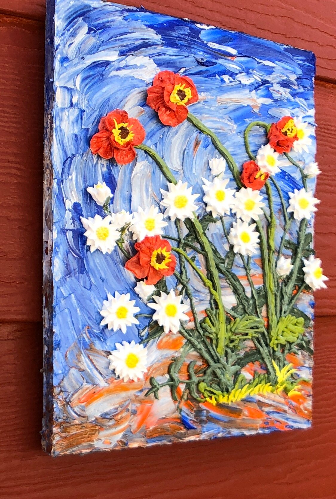 12 x 16" birch wood panel acrylic painting of sculptural daisies and poppies product image (1)