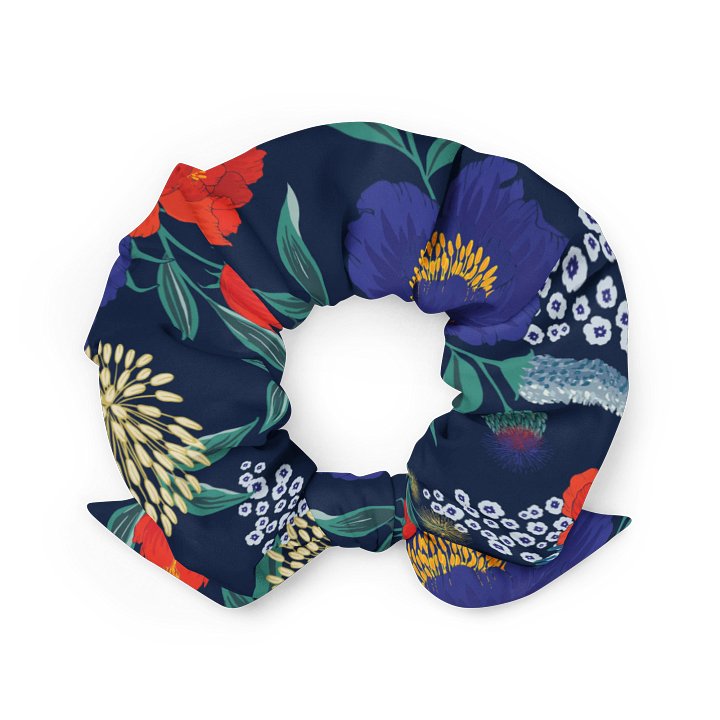 Midnight Garden Scrunchie | Navy Blue Floral Hair Accessory | Adjustable Bow product image (2)