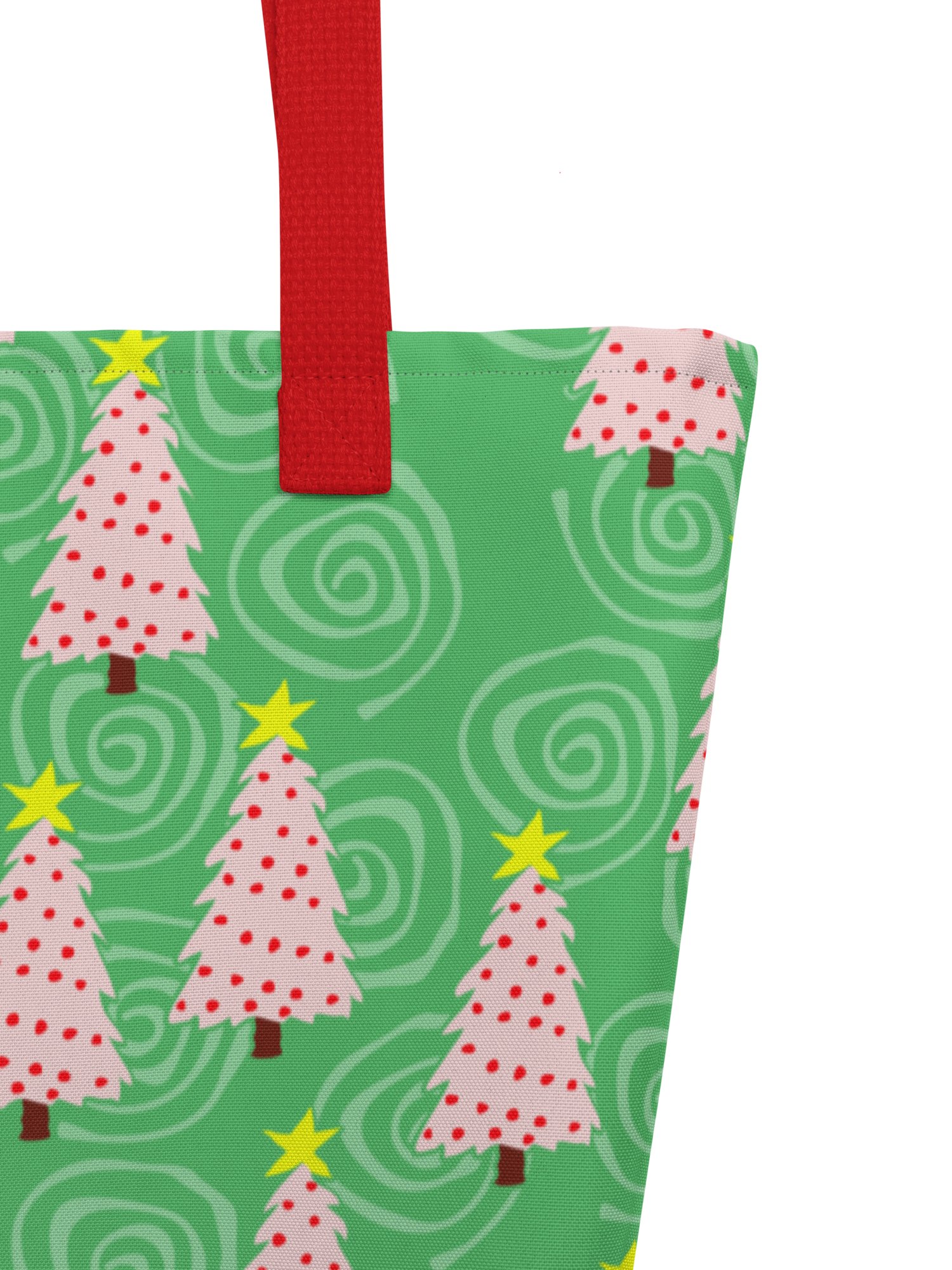 Pink Christmas Trees on Green with Swirls – Large Tote Bag product image (5)