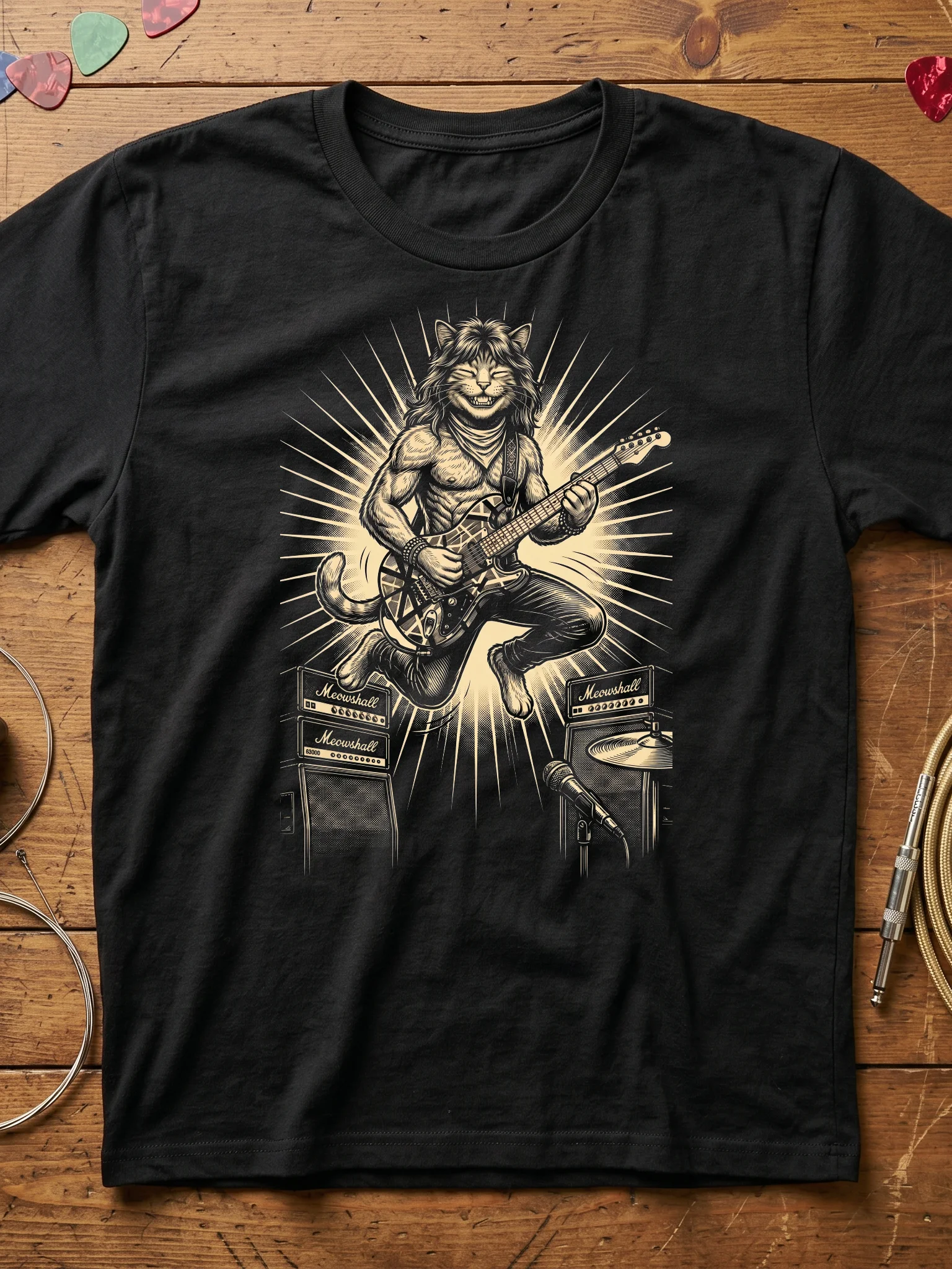 Eddie Fang Halen Cat Guitar T-Shirt | Funny Rock Music Guitar Tee product image (1)