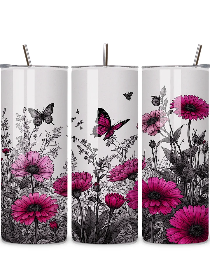 Butterfly & Floral 20oz Skinny Tumbler with Metal Straw – Pink and Black Garden Design with Flowers and Butterflies – Double-Walled Insulated Stainless Steel Tumbler, Gift for Nature Lovers product image (1)