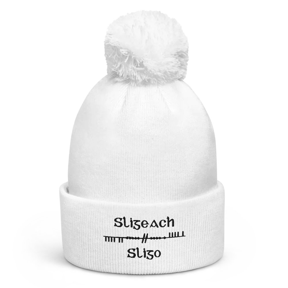 Sligo/Sligeach Scholastic style Ogham, white with black, embroidered Pom-Pom Beanie product image (1)