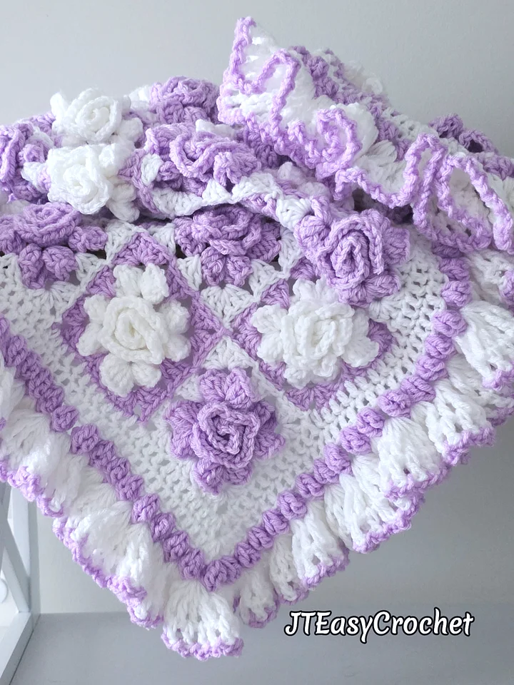 Purple Roses Crochet Baby Blanket Pattern | Flower Afghan PDF, Rose Flower Granny Square product image (1)