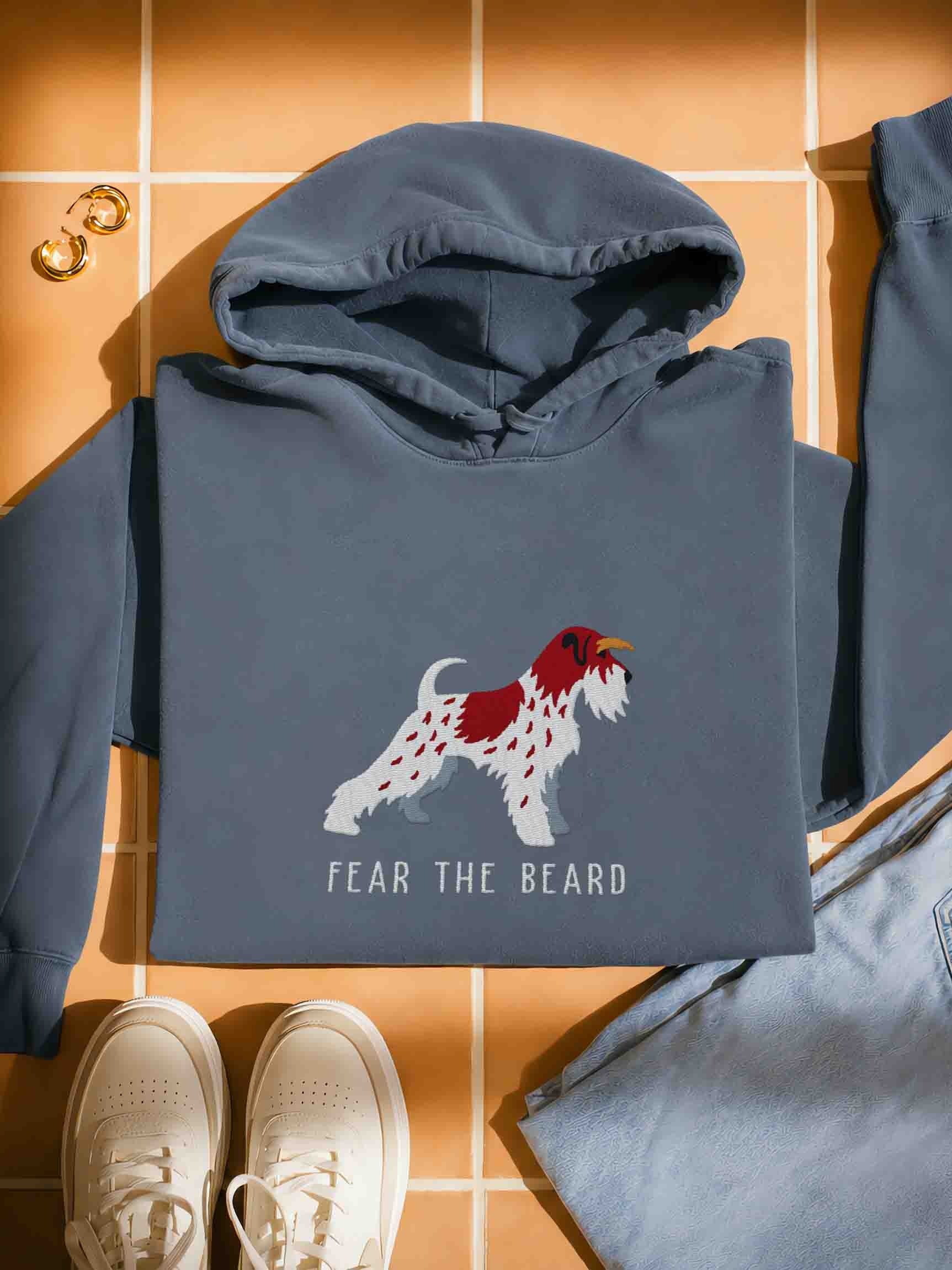 Fear the Beard Premium Hoodie (Embroidered) of a Miniature Schnauzer(Parti Liver & White) product image (1)