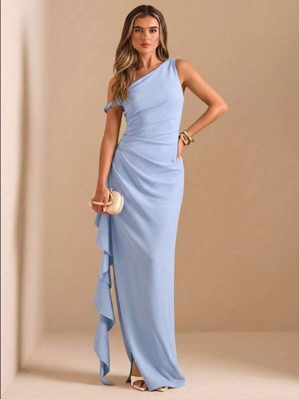 ADLEST BAE Autumn/Winter Bridesmaid Dress, Party Oblique Shoulder Twist Knot Strapless Sexy Pleated High Slit Ruffle Wrap Long Dress product image (2)