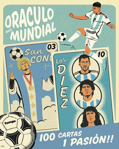 @oraculodelmundial 100 cartas ilustradas 
que recorren la historia de la Selección Argentina a través del fútbol, el azar, la...