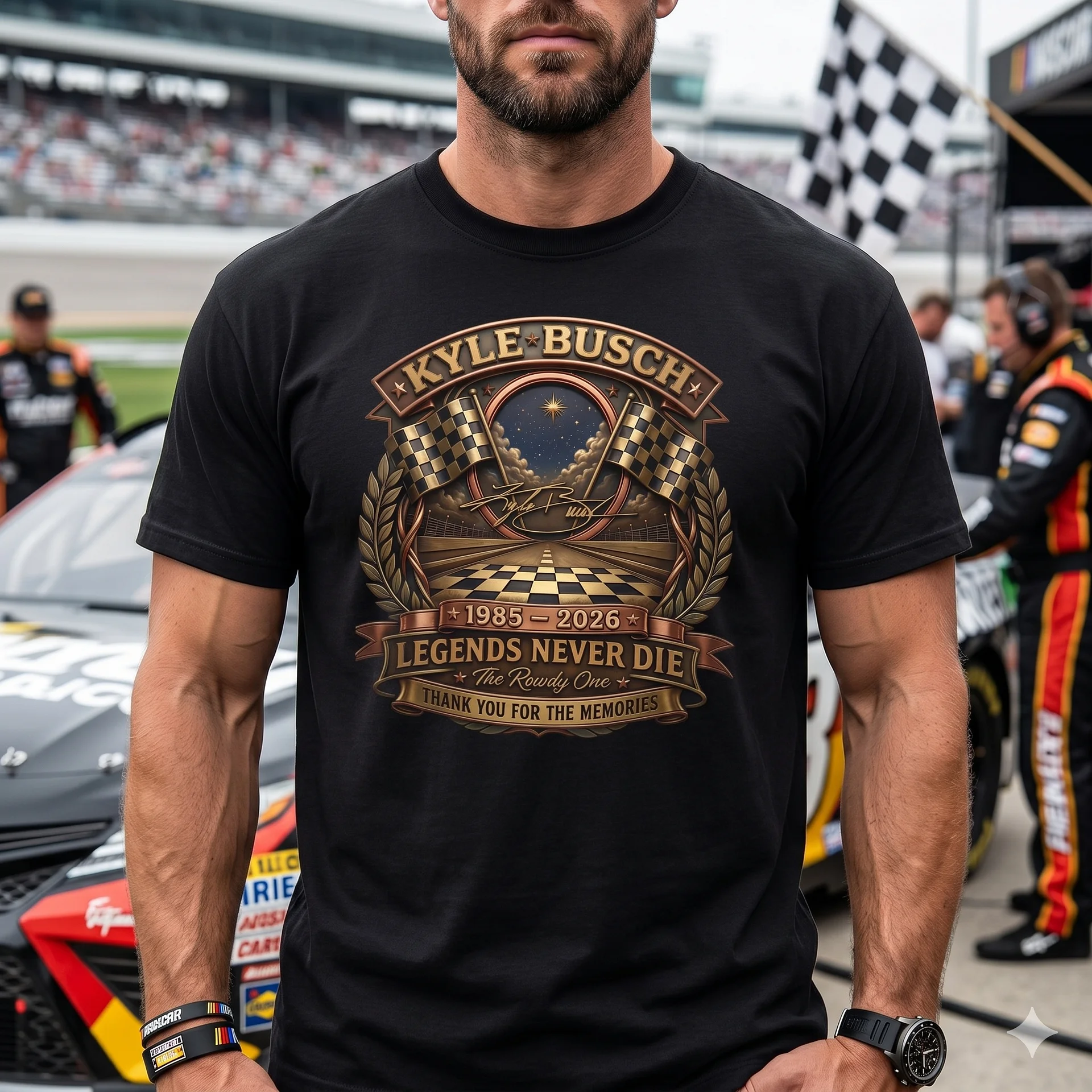 Kyle Busch "Legends Never Die" Memorial T-Shirt – Vintage NASCAR Racing Tribute Tee product image (1)