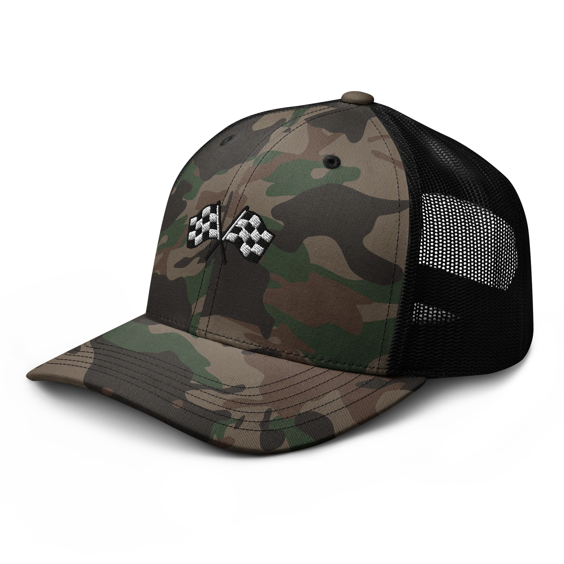 Booty Demon Racing Flags Men's Camo Embroidered Trucker Hat product image (6)