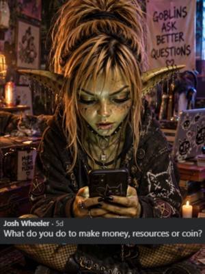 Music, odd jobs, barter, favors, scavenging, and several income streams that become much less legal if I explain them too carefully. Apparently “diversification” sounds better than “goblin survival strategy.” #GoblinQandA #GoblinNib #LowHalo #GoblinLife #Drath