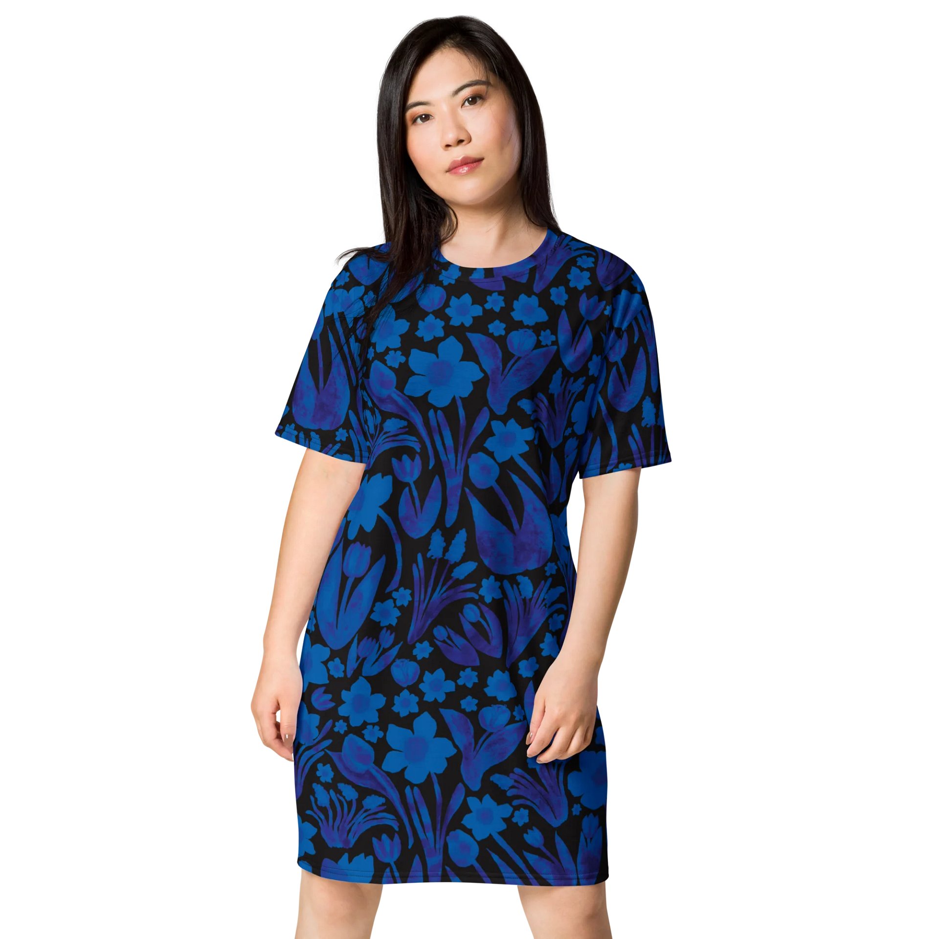 Spring Garden | Royal Blue Florals on Black | T-Shirt Dress by Monique Faella Designs™ product image (1)