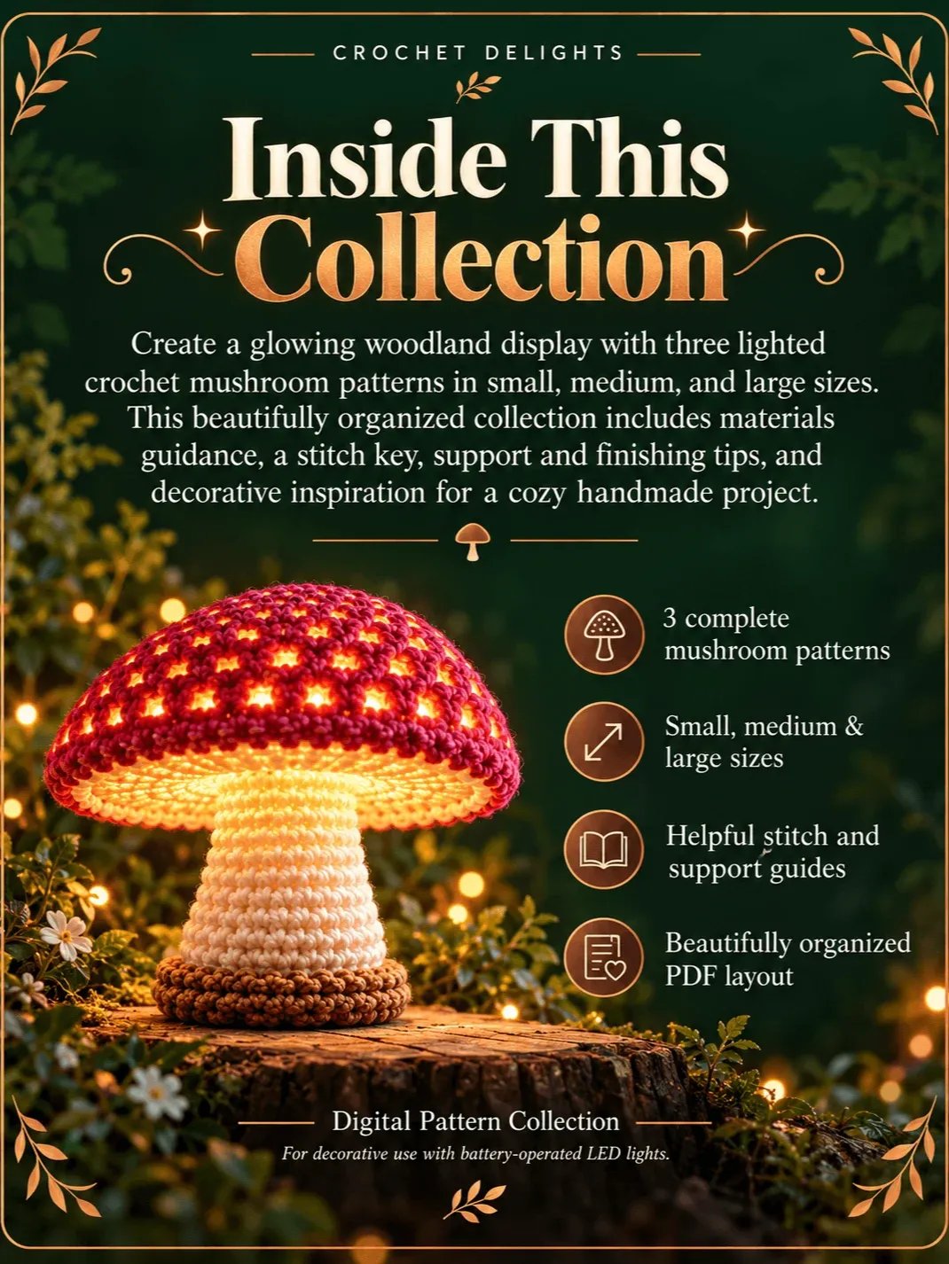Lighted Crochet Mushroom Patterns PDF – 3 Sizes | Enchanted Glow product image (5)