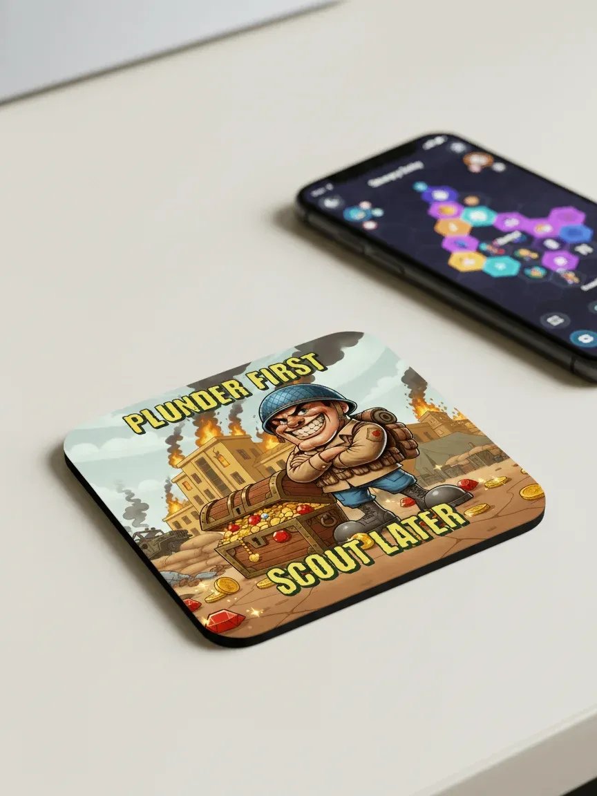 Plunder First, Scout Later — Glossed Cork Gaming Coaster product image (1)