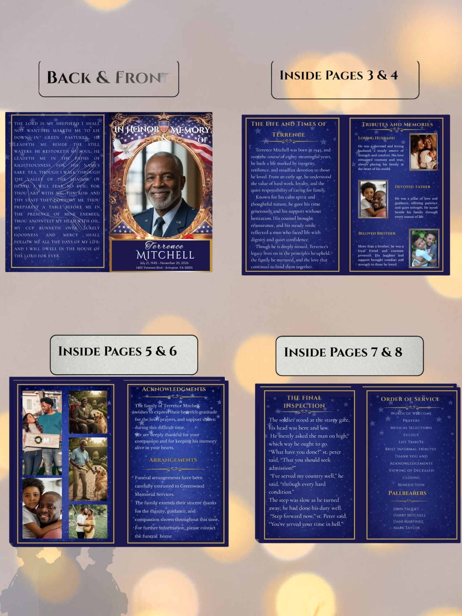 8-Pages Patriotic Funeral Program Template, Veteran Military Memorial Booklet (8.5x11 Bi-Fold, Editable Canva, Digital Download) product image (4)