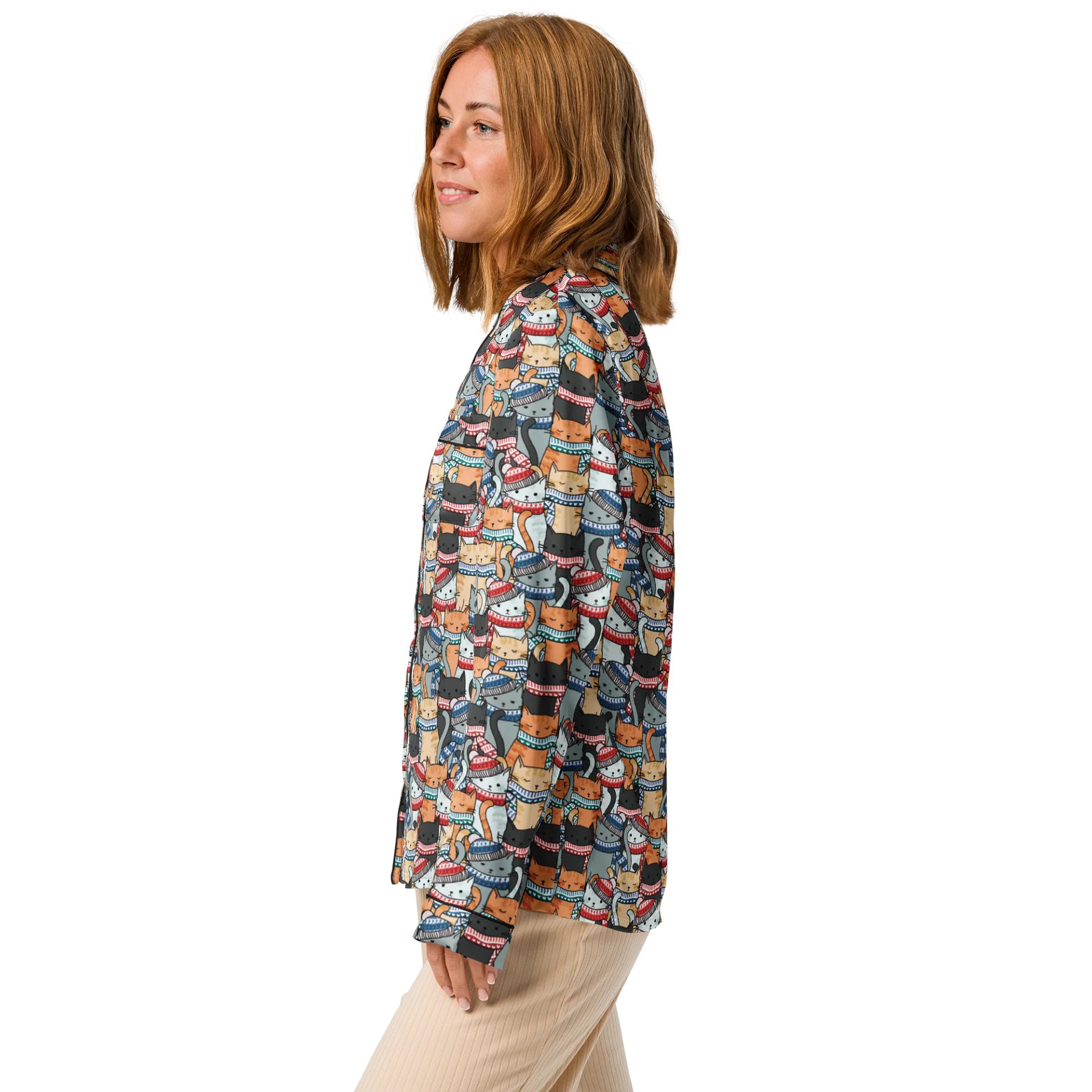 Cats in Winter Hats & Scarves Pattern Pyjama Shirt product image (5)