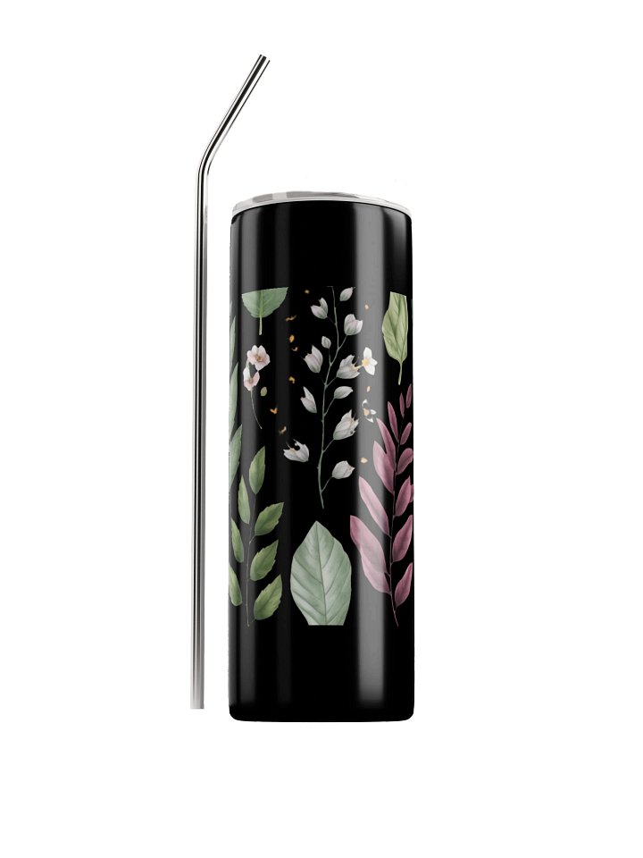 Black Botanical Glass Tumbler with Stainless Steel Straw – Elegant Nature-Inspired Drinkware product image (1)