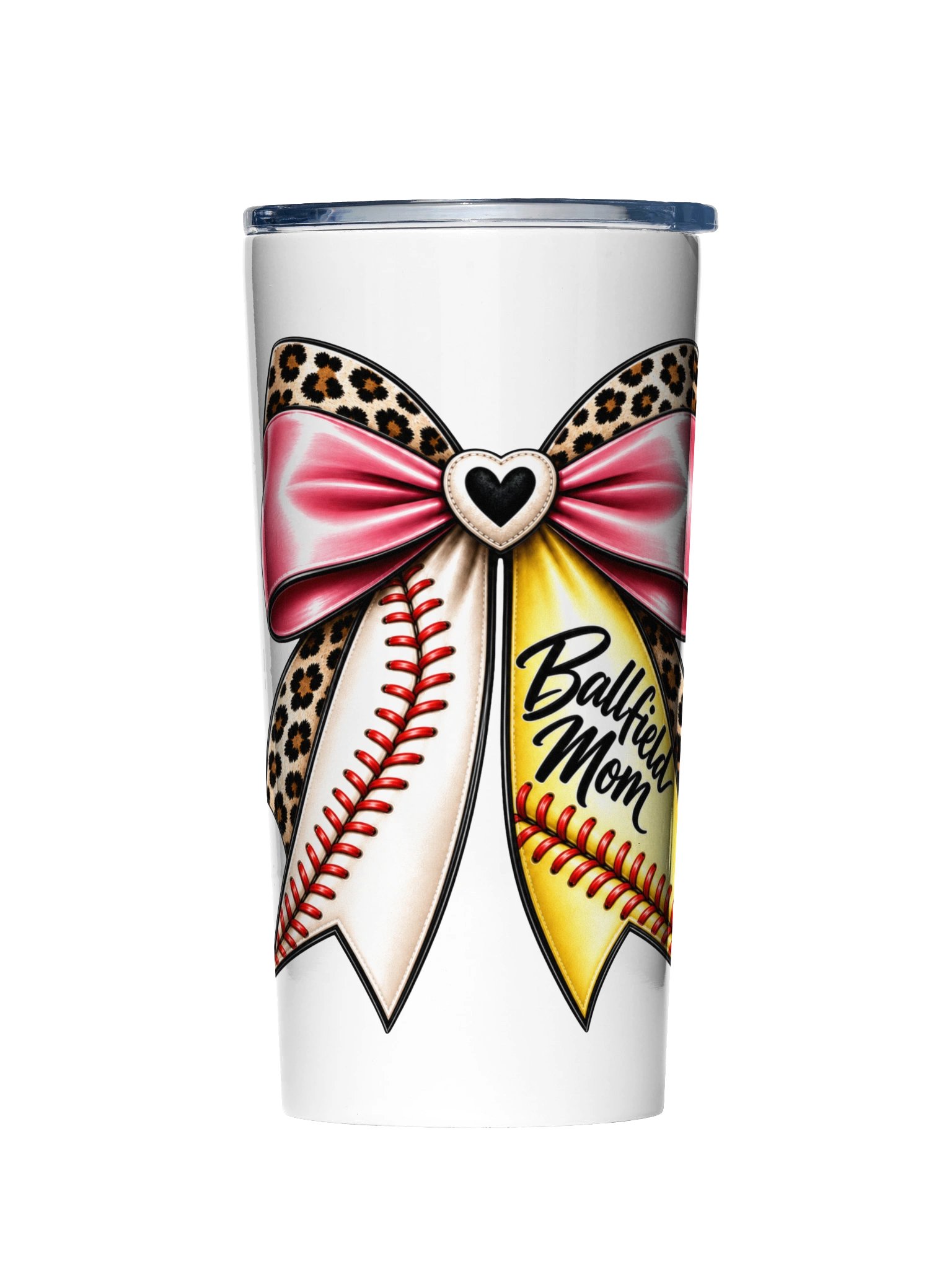 Ballfield Mom Black Heart Bow Tumbler | 20oz Baseball & Softball Mom Cup product image (1)