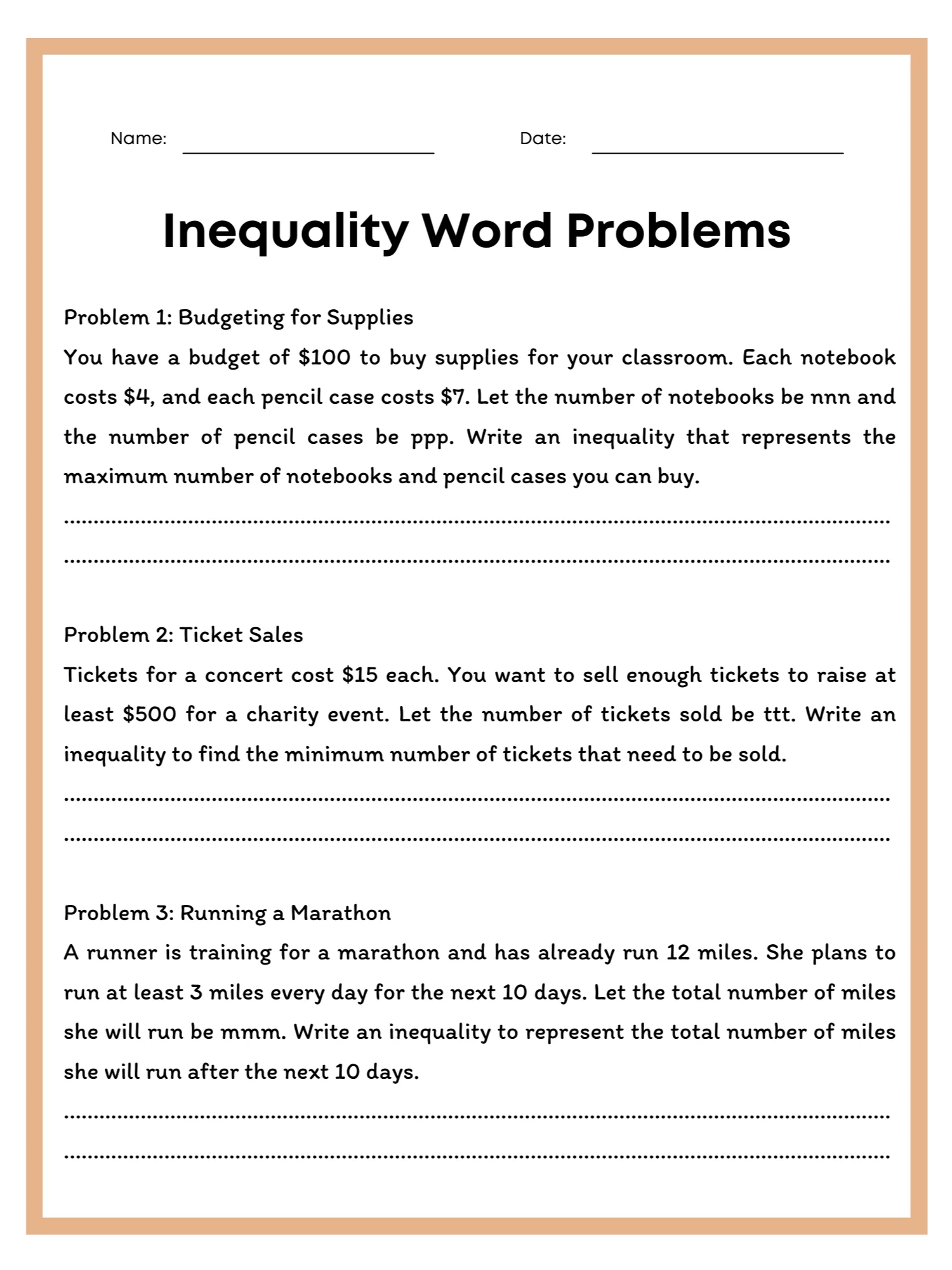 Inequality Word Problems Worksheet with Answer Key product image (1)