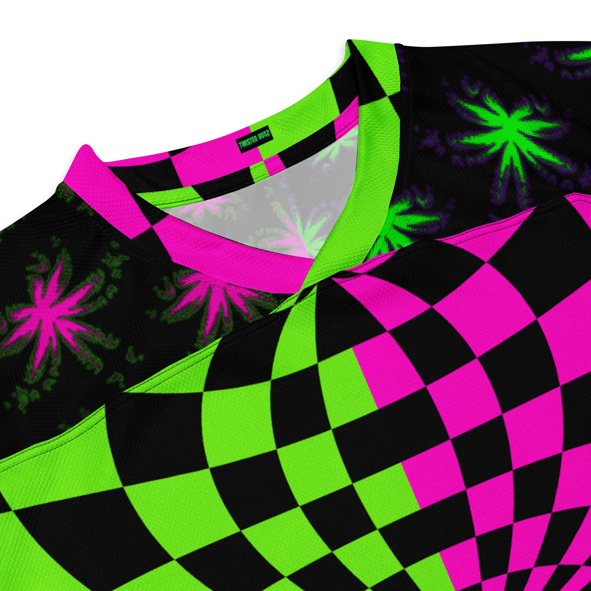 Weed Rave Hockey Jersey, EDM Stoner Shirt, Neon Y2K Clothes, Trippy Checker Cannabis Raver Wear, Pot Leaf Psychedelic Music Festival Fashion product image (8)