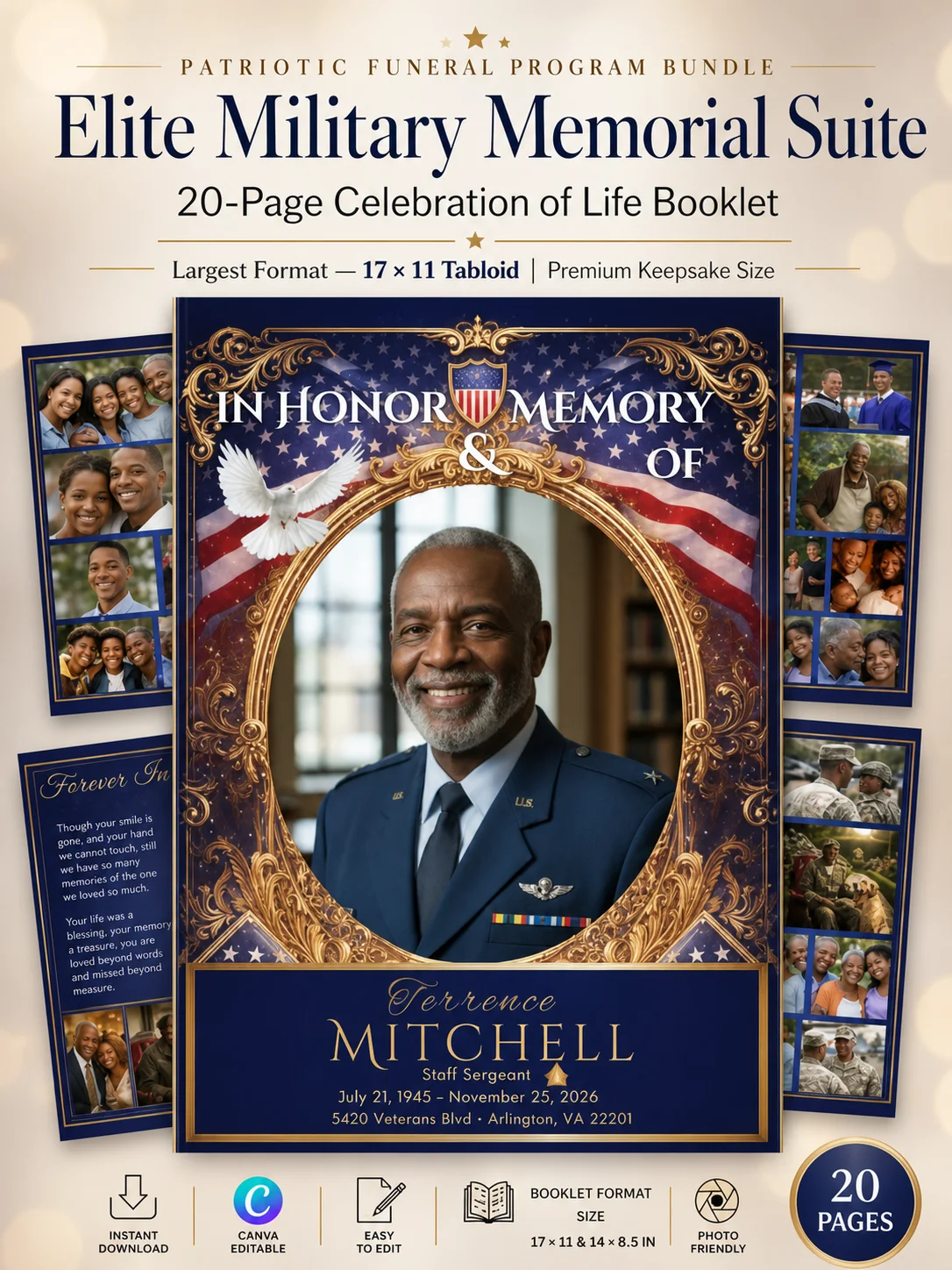 Ultimate Military Funeral Tribute Suite | 20-Page Editable Canva Obituary Program, Video Slideshow & QR Code product image (9)