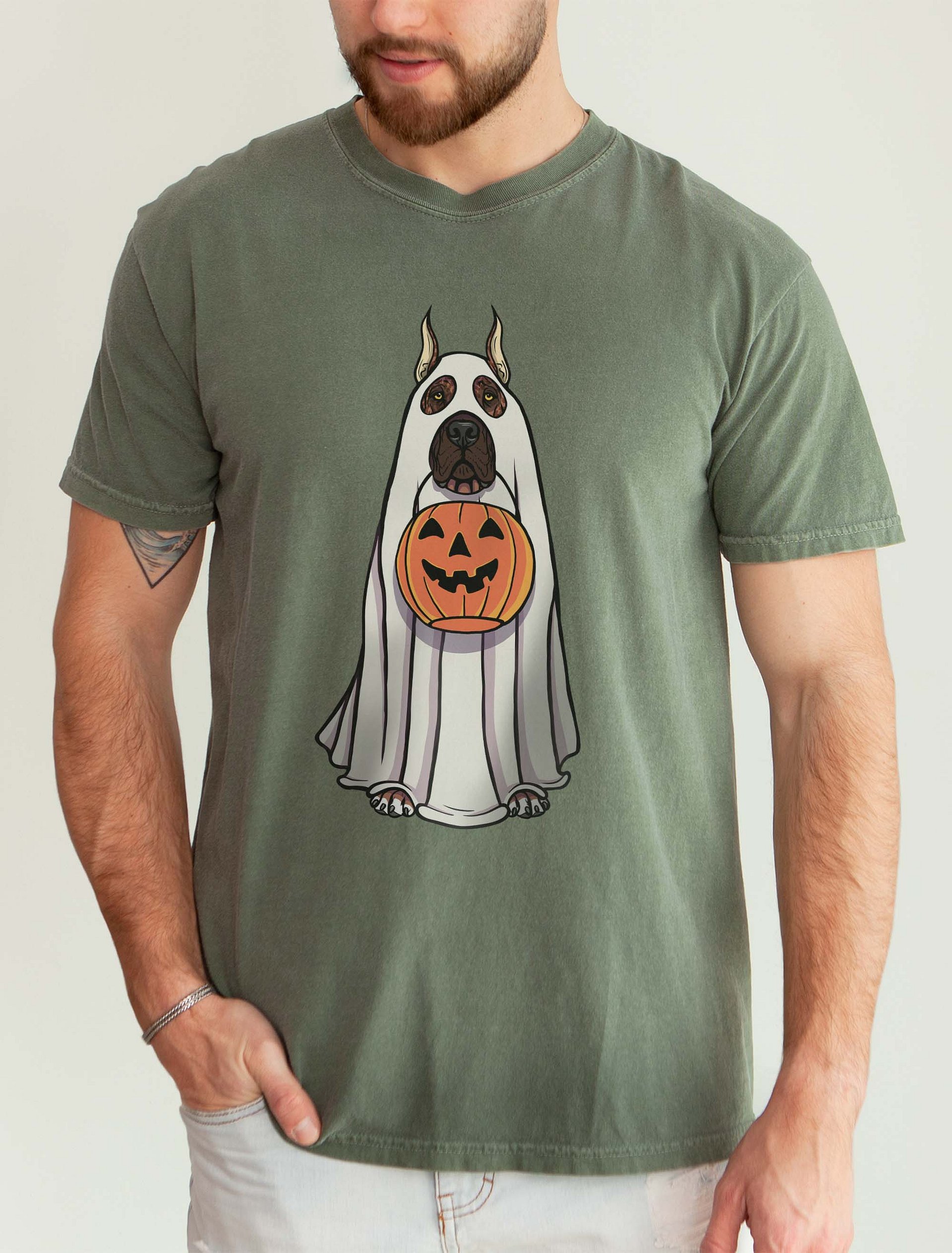 Funny Halloween Great Dane(Cropped Ears, Brindle) T-Shirt | Funny Great Dane Wearing a Ghost Costume and Holding a Pumpkin Basket product image (2)