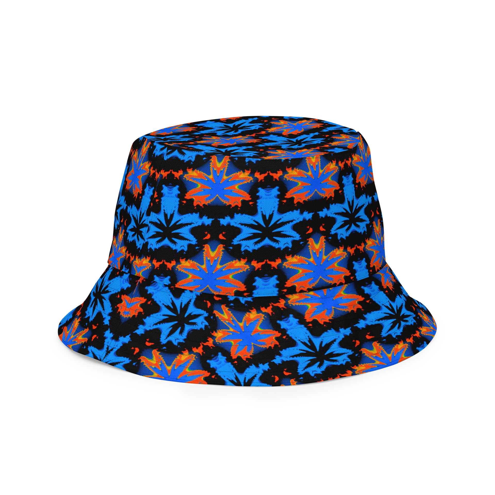 Checkers Cannabis Art Bucket Hat, Stoner Retro Rave Accessory, Pot Leaf 420 Festival Fashion, Blue Orange Black Twisted Weed Alt EDM Style product image (5)