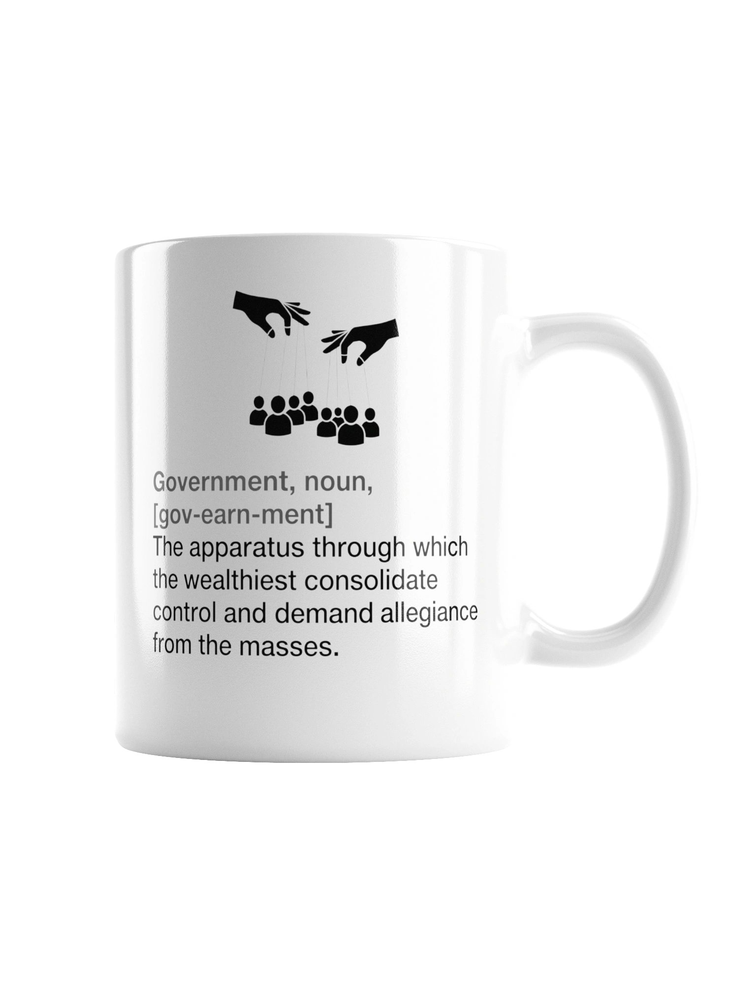 High quality ceramic mug says: "Government, noun, The apparatus through which the wealthiest consolidate control and demand alliance from the masses" product image (2)