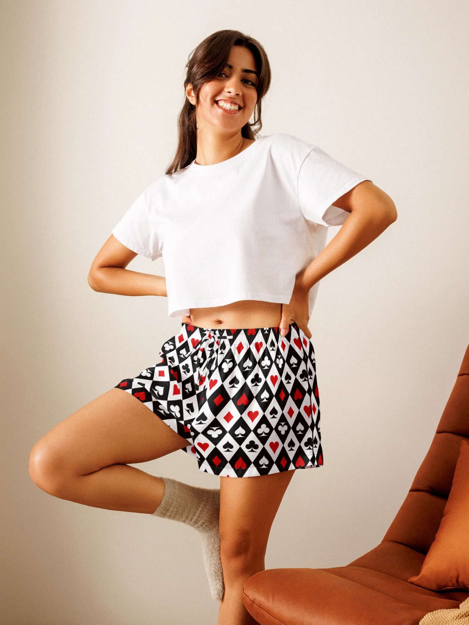 Retro Playing Card Suits Argyle All-Over Print Women's Pajama Shorts product image (10)
