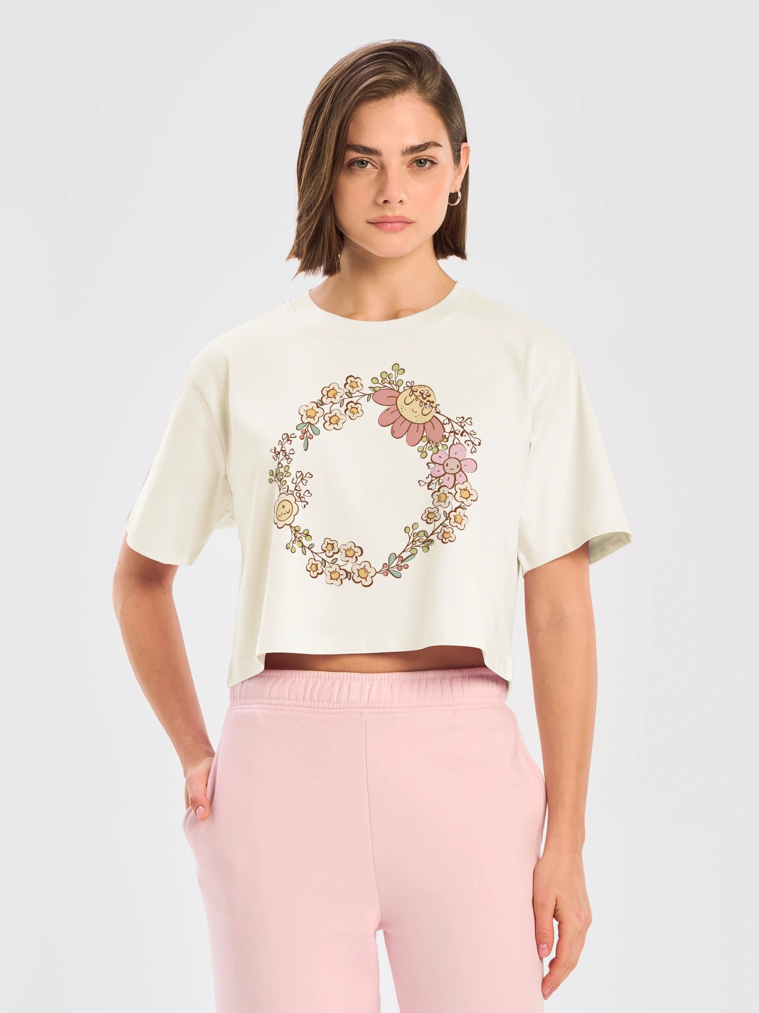 Sunshine Wreath Crop Tee | Retro Floral Circle Character Crop Top product image (37)