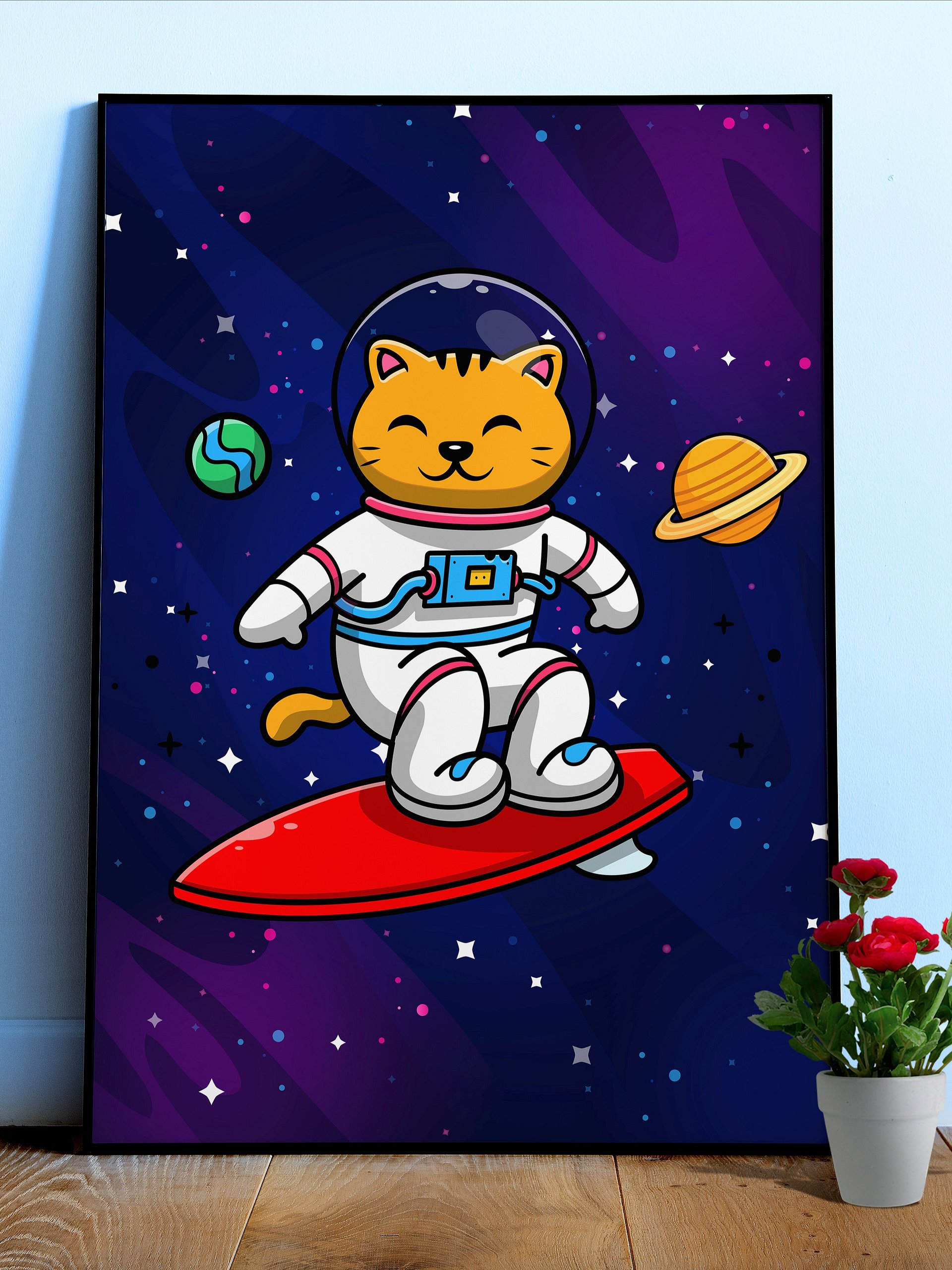 Cat Astronaut surfer, space surf cat, space surfer / Kedi Astronot, uzay — space poster, synthwave space, neon space, aesthetic poster product image (1)