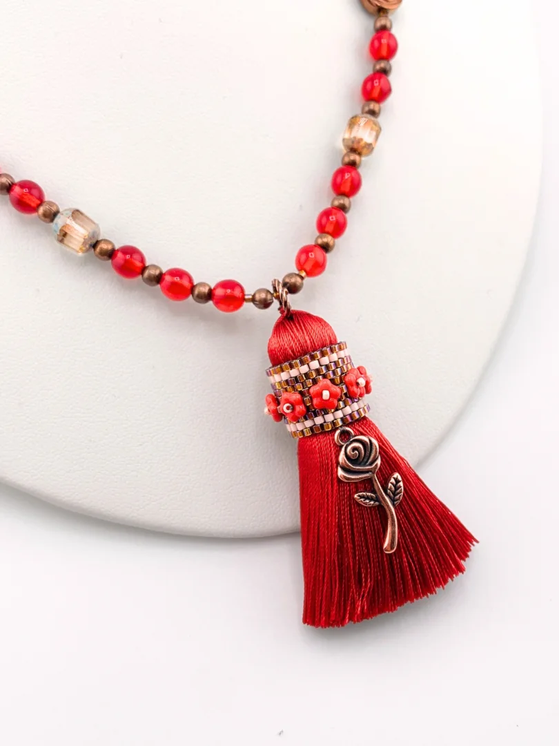 Beaded Red Tassel Necklace Set on Antique Copper Chain product image (3)