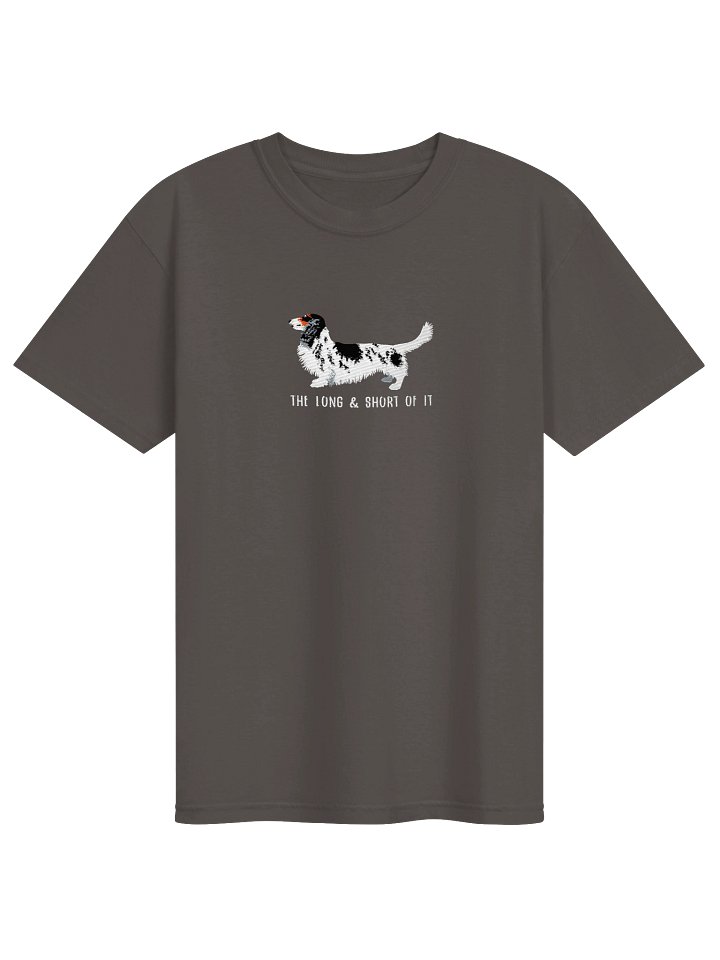 The Long & Short of It T-Shirt(Embroidered) of a Longhaired Dachshund(Pied Black & White) product image (6)