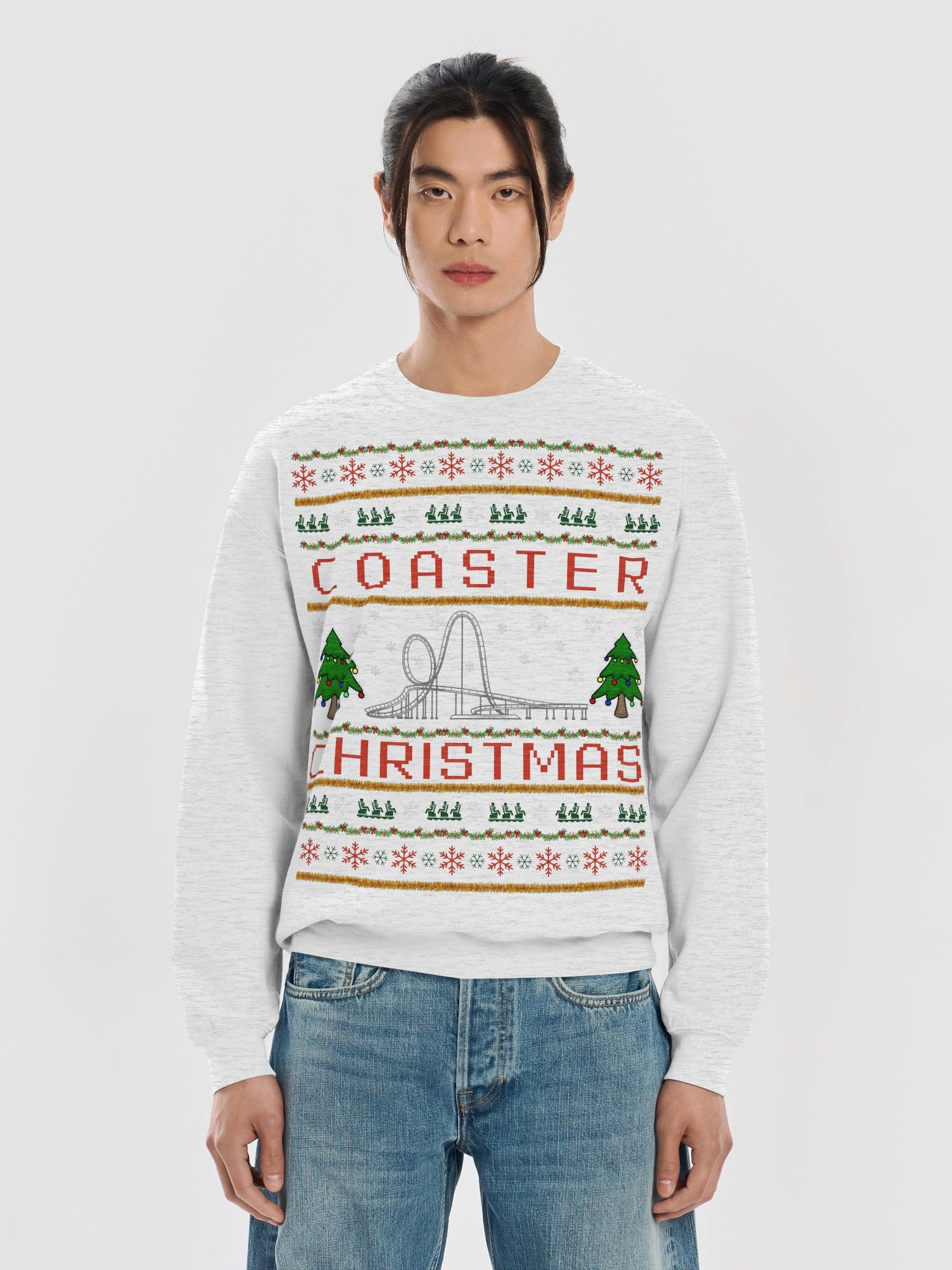 Roller Coaster Ugly Christmas Sweater – Festive Coaster Design in Ash Grey product image (5)