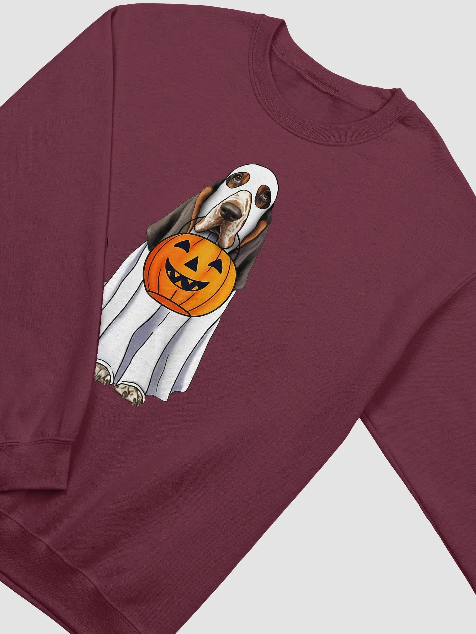 Basset Hound(Tricolor) Halloween Sweatshirt | Funny Halloween Basset Hound Wearing Ghost Costume with Pumpkin Basket product image (4)