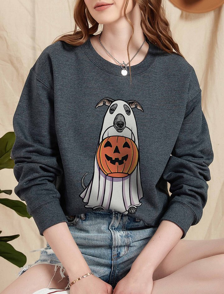 Funny Halloween Italian Greyhound Sweatshirt | Funny Iggy Wearing a Ghost Costume and Holding a Pumpkin Basket product image (2)