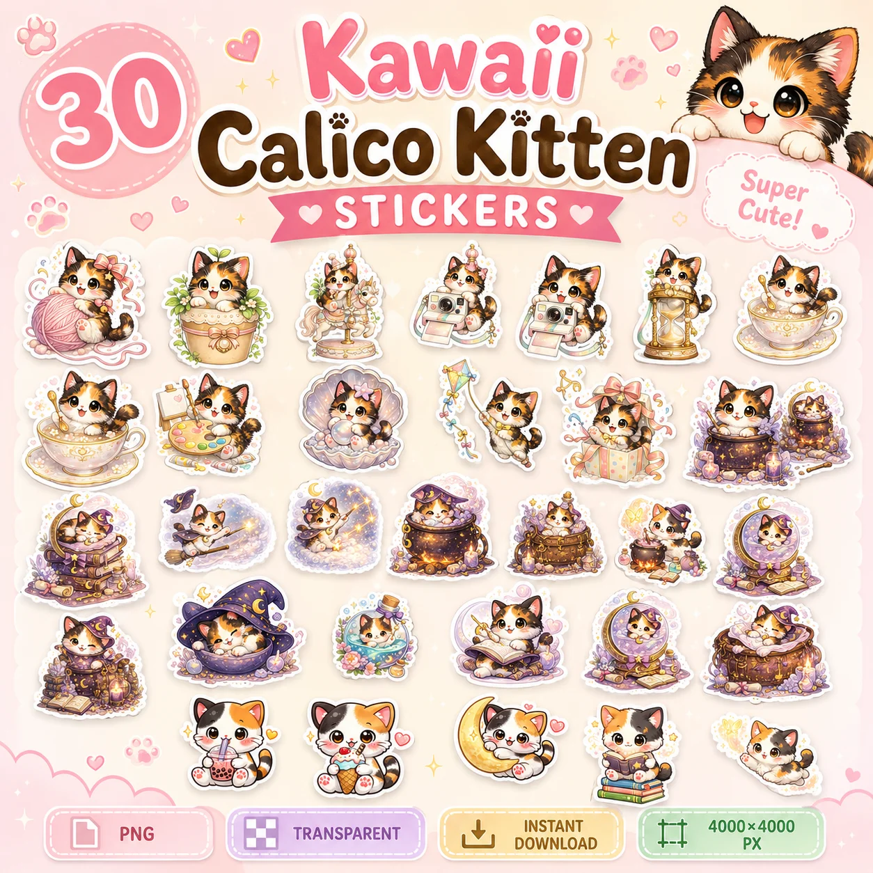 30 Kawaii Calico Kitten Stickers product image (2)