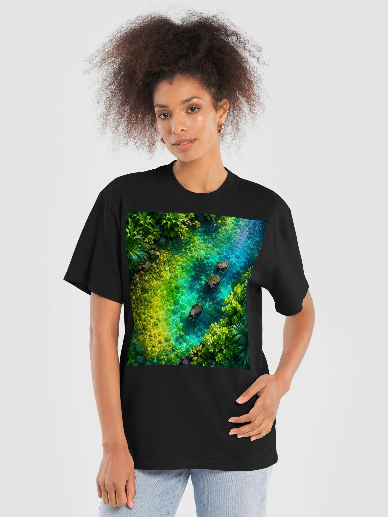 Turquoise Jungle River T-Shirt | Lime Green & Teal Tropical Nature Graphic Tee | Unisex Oversized Shirt product image (6)