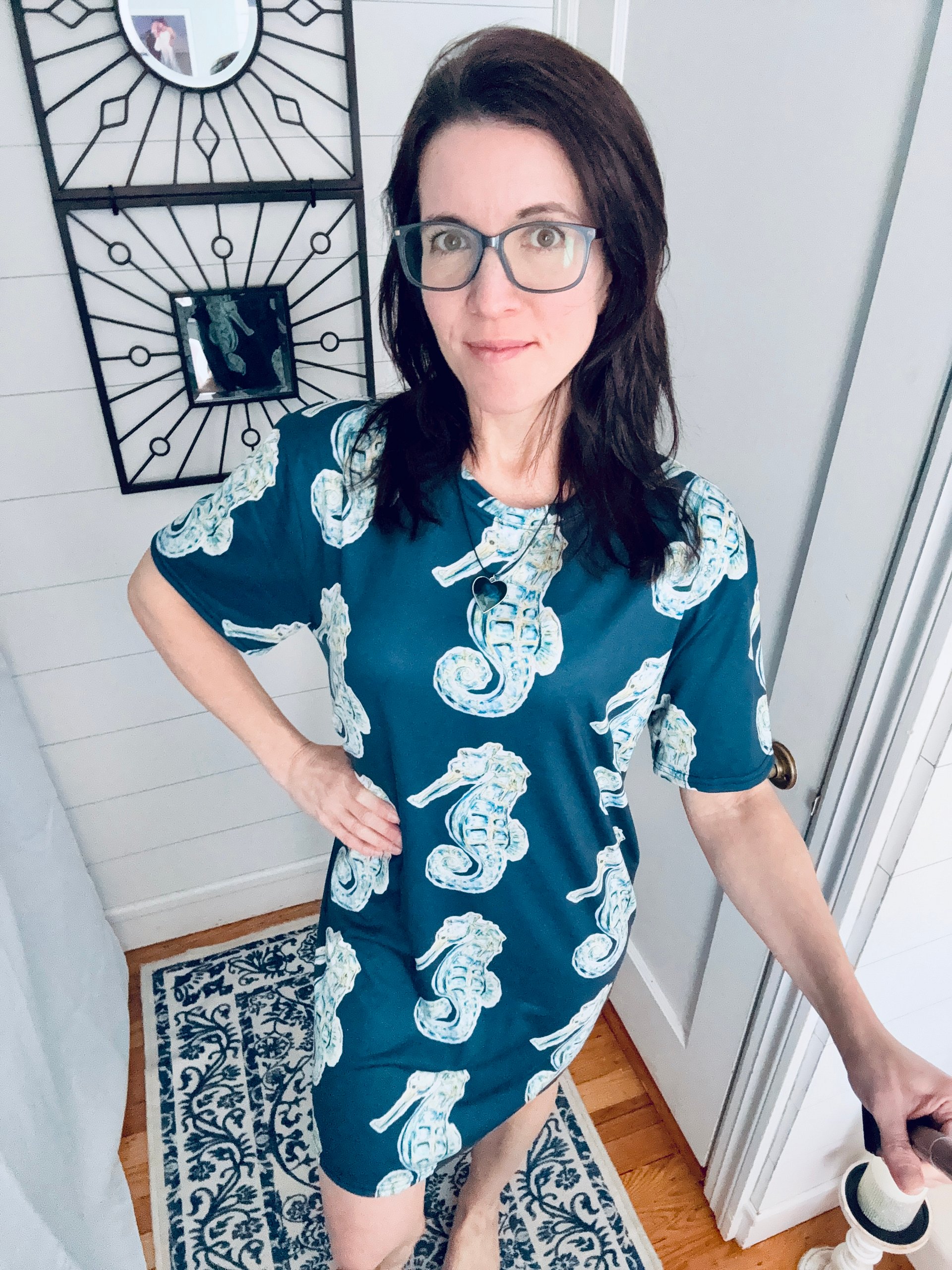 Ocean Majesty | Painted Seahorse | T-Shirt Dress | Coastal Oversized Dress | Ocean-Inspired Casual Style | Blue Whale Background product image (1)