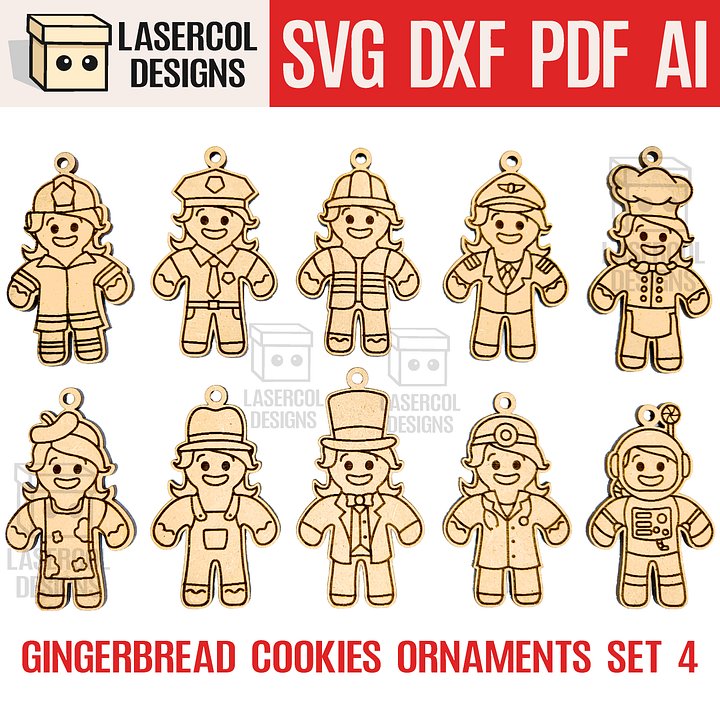Gingerbread Cookies Christmas Ornaments Set 4 - Laser Cut Files product image (1)