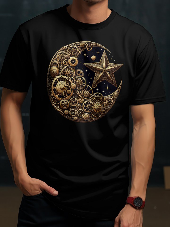 ⚙️ Steampunk Moon & Star T-Shirt – Celestial Gear Design | Retro Futuristic Clockwork Cosmos Tee product image (1)