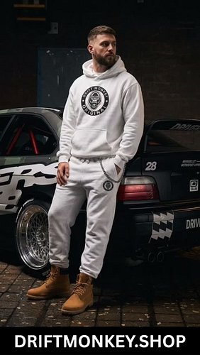 Trackside smoke and heavy-duty motorsport energy. 🏁🔥
​The Drift Monkey original white tracksuit setup is engineered for the p...